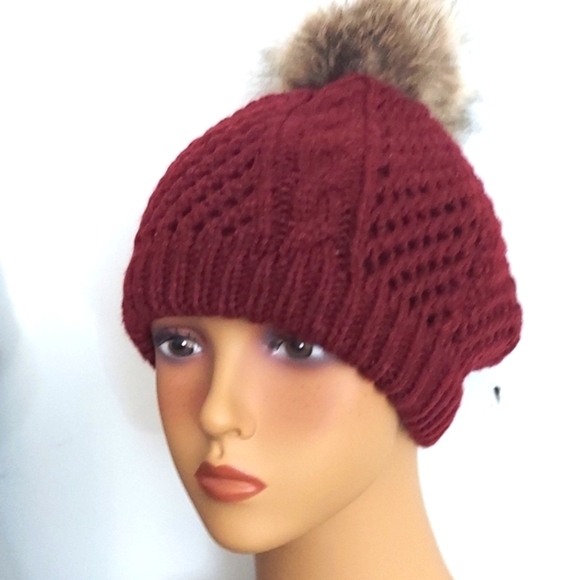 Maroon Puff Stitch Beanie with Faux  Fur Pompom Hat - Picture 3 of 8